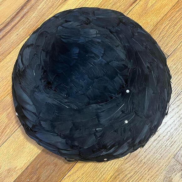 Vintage Black Feather Saucer Wide Brim Hat Under-Hat 40s 50s Rhinestone Crystals main image 4